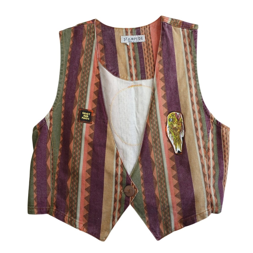 Vintage 90s Vest Womens M Striped Artsy Patch Southwestern Boho Indie Festival